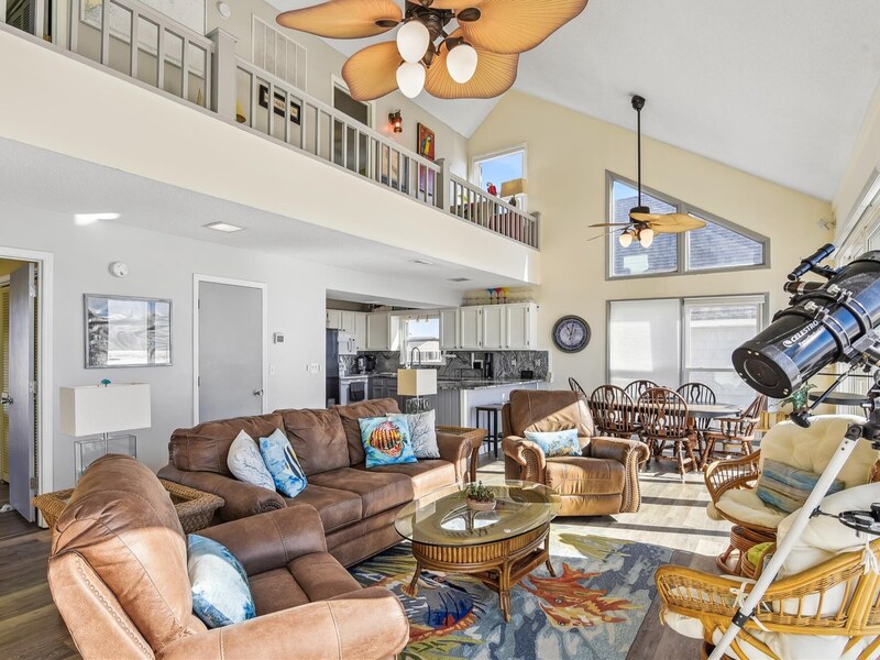 Wide view of the living room and open interior