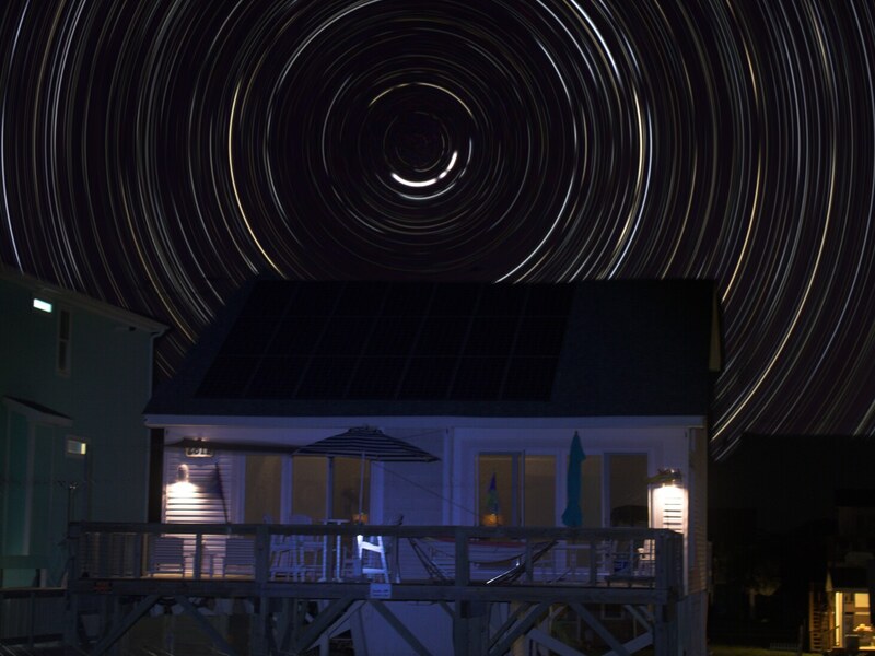 Composite night image of the house and star trails