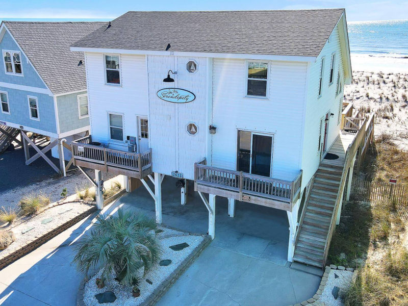 Front-right exterior view of the beach house